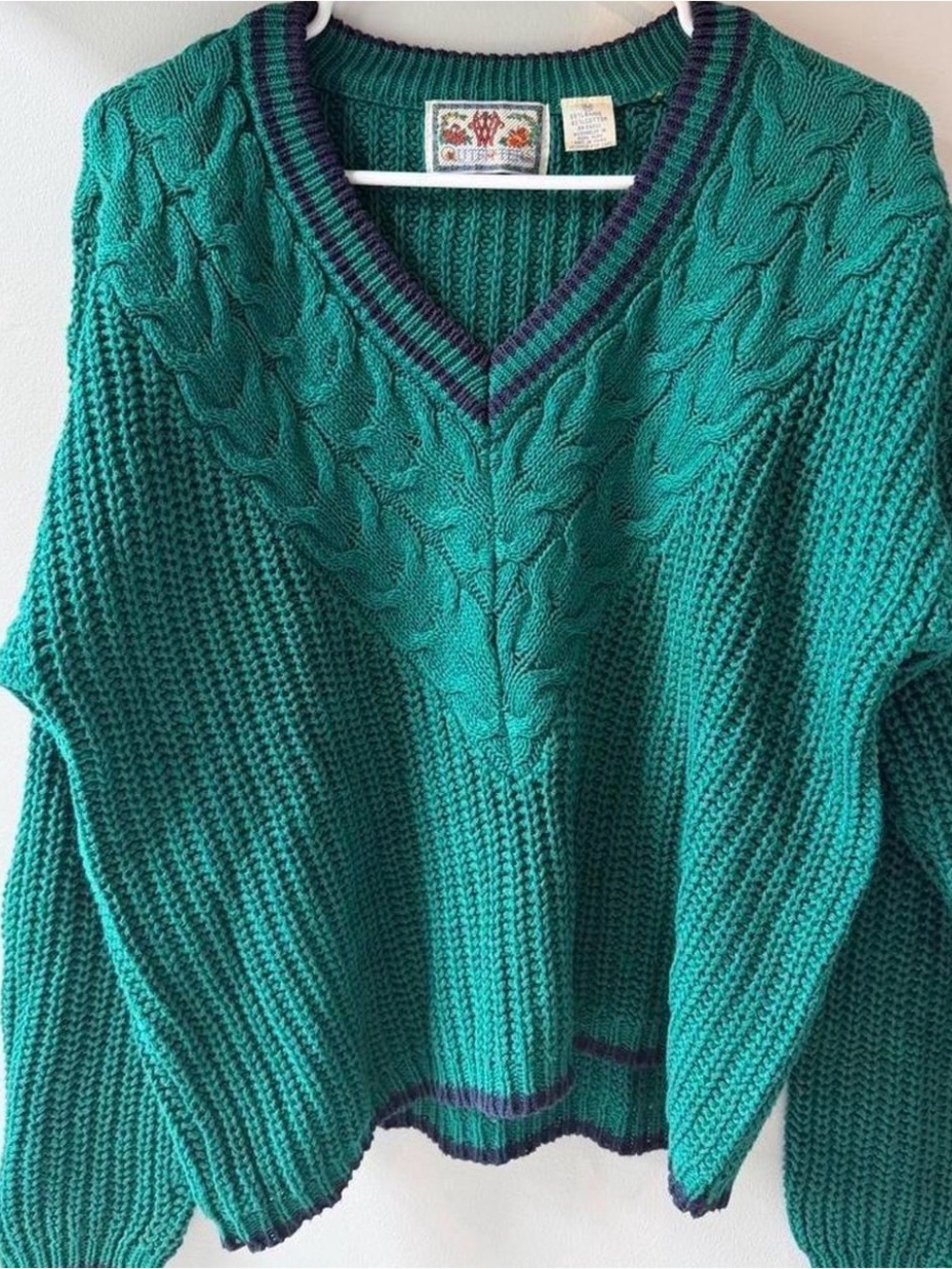 Vintage Teal Cable Knit V-Neck Sweater | Oversized Grandpa Sweater